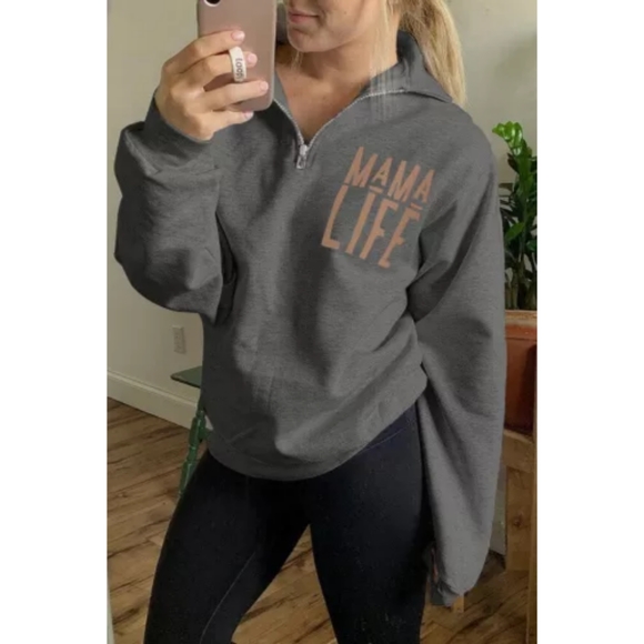 💛Gray Casual Mama Life Quarter Zip Sweatshirt - Picture 1 of 4